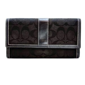 Coach Signature Jacquard Trifold Wallet Black Canvas Leather Trim